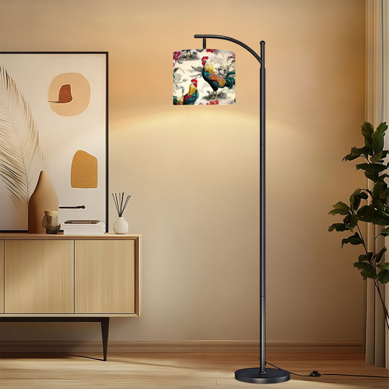 Lampe sur pied à arc avec abat-jour réglable Coqs floraux plumes vibrantes Lampe sur pied de style rétro avec 3 températures de couleur, intensité variable, lampe sur pied avec interrupteur au pied pour la chambre à coucher