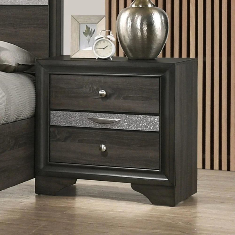 Table de chevet 3 tiroirs en bois gris avec poignées en nickel - Boîte de rangement dissimulée pour chambre à coucher