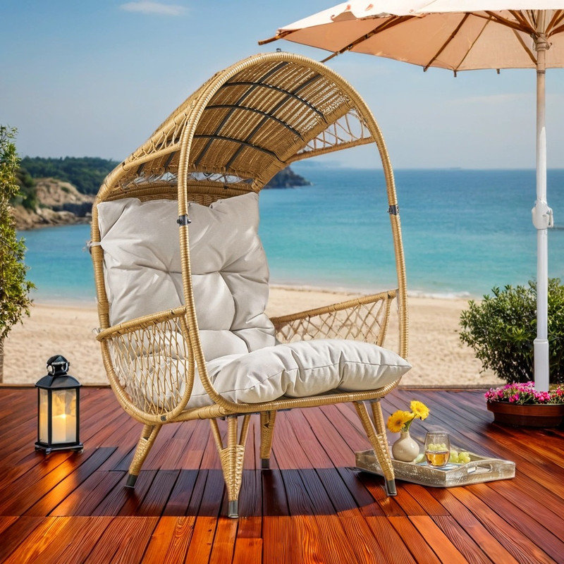 Chaise d'extérieur en osier avec coussin résistant à l'eau, Beige, Bois naturel