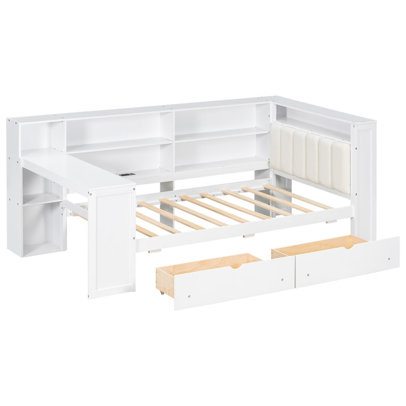 Wood Twin Platform Bed With Ample Storage Shelves, 2 Drawers, Charging Ports, Led Ambiance, Desk And Elegant Upholstered Headboard, White Beige Featuring 8 Function, 7 - Color Led, Soft +
