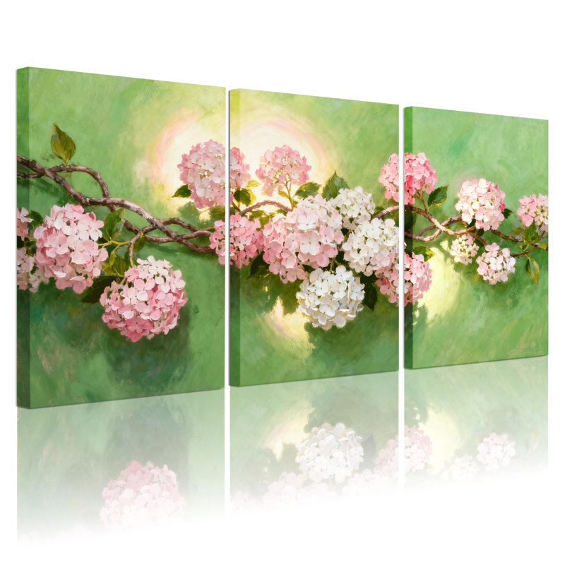 Ensemble de 3 impressions murales sur fond d'hortensia, H 18 po x l 36 po