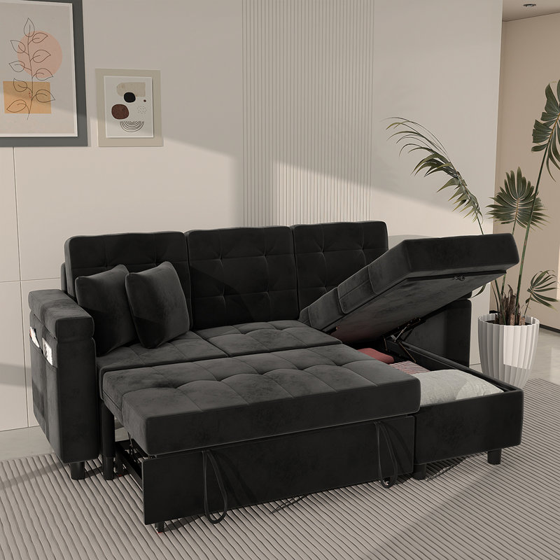 Canapé convertible avec lit escamotable, canapé en L avec méridienne de rangement pour le salon, noir