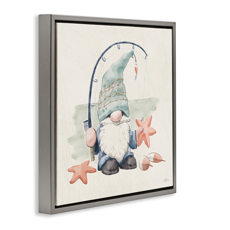 Gnome de pêche d'été, Cadre flottant gris lustré, H 18 po x l 18 po