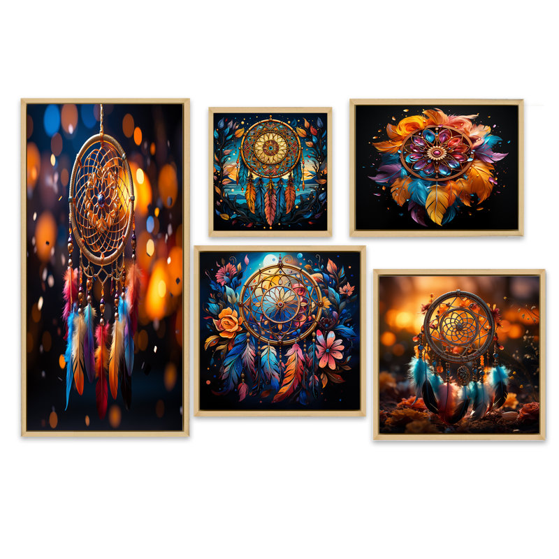 Dreamcatchers Dance - Dream Catcher, ensemble de 5 reproductions d'art sur toile, Cadre flottant brun