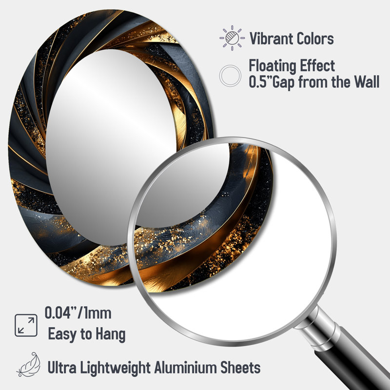 Spirales abstraites dans des tons dorés et noirs I - décor de miroir mural ovale doré, 40 po x 30 po