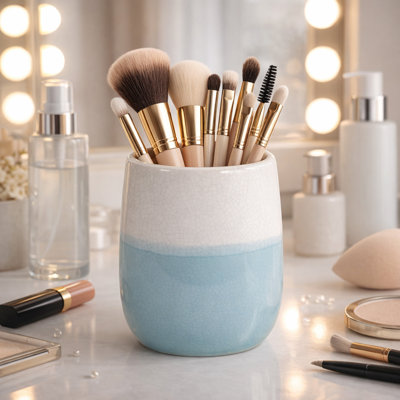Decorative Two Tone Ceramic Desk Organizer for Kitchen - Modern Stylish Storage Desktop Accessory for Bathroom and Bedroom Decor - White & Blue