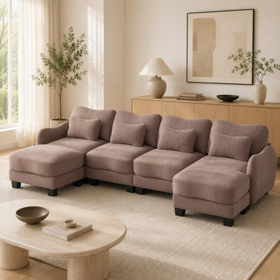 Oversized 4-Seat Curved Chenille Sectional Sofa with 2 Movable Ottomans and Lumbar Pillows,Rose Dust