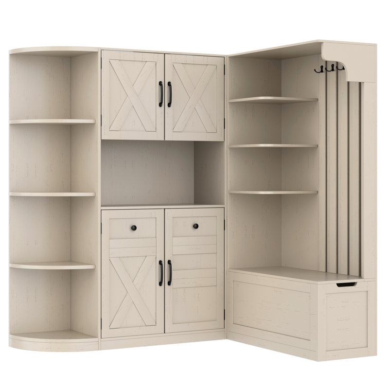 Armoire de couloir gauche / droite beige, rangement et suspension, 5 armoires, 8 tablettes, 4 crochets, imperméable, facile à installer, couleur multifonctionnelle, pour la cuisine, le couloir du salon, avec fonction d'arbre, ronde