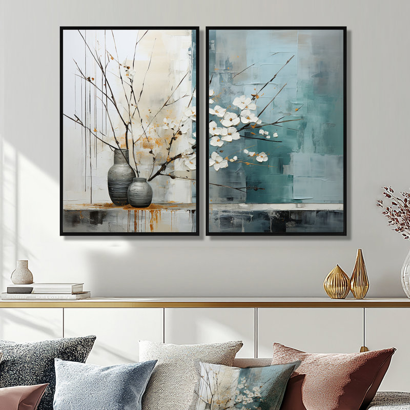 Subtle Serenity II - ensemble d'art mural moderne bleu sarcelle 2, Black, 36" H x 48" W, Impression encadrée flottante