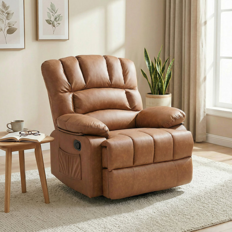Breasha 39.7" Wide Transitional PU Swivel Rocker Manual Recliner, Brown Polyurethane
