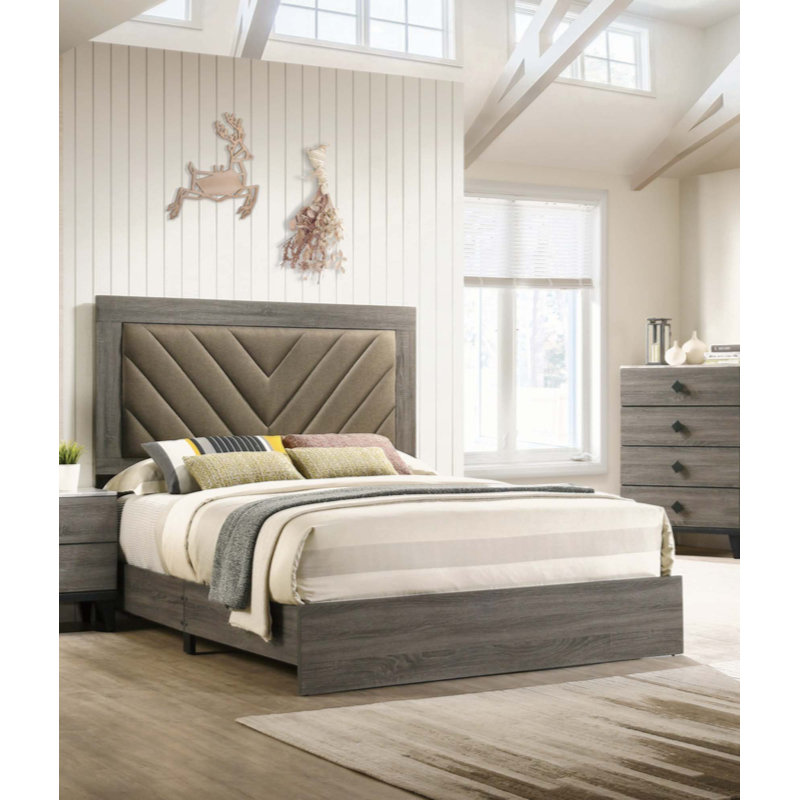 Upholstered Platform Bed, Gray/Brown, Queen