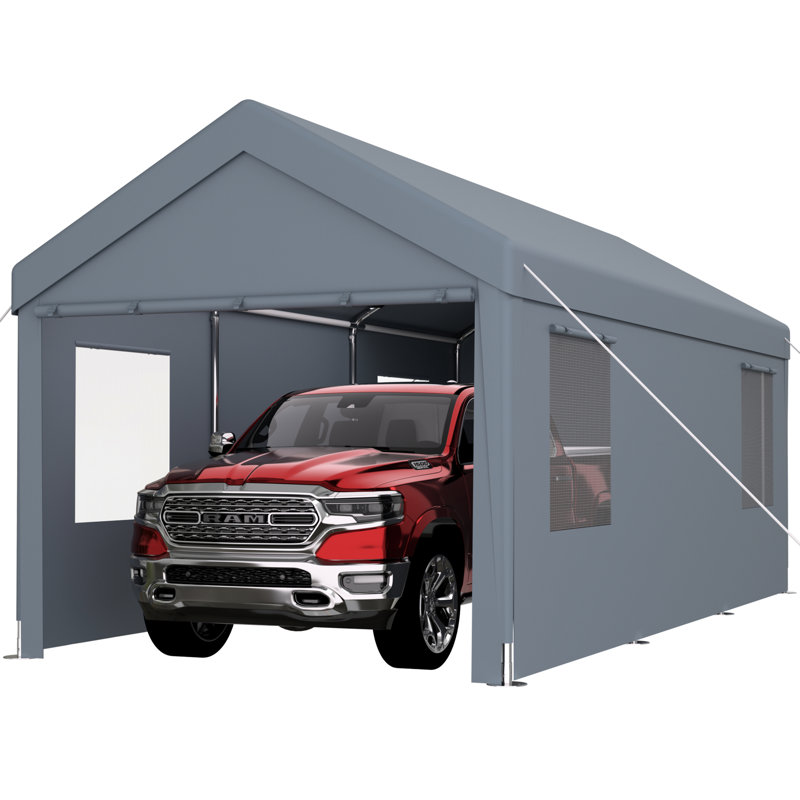 Abri d'auto portatif robuste 10 X 20, avec auvent en PE, 2 portes, 4 fenêtres d'aération, gris pour le véhicule et l'équipement Cadre de garage 10 pi x 20 pi et diverses utilisations