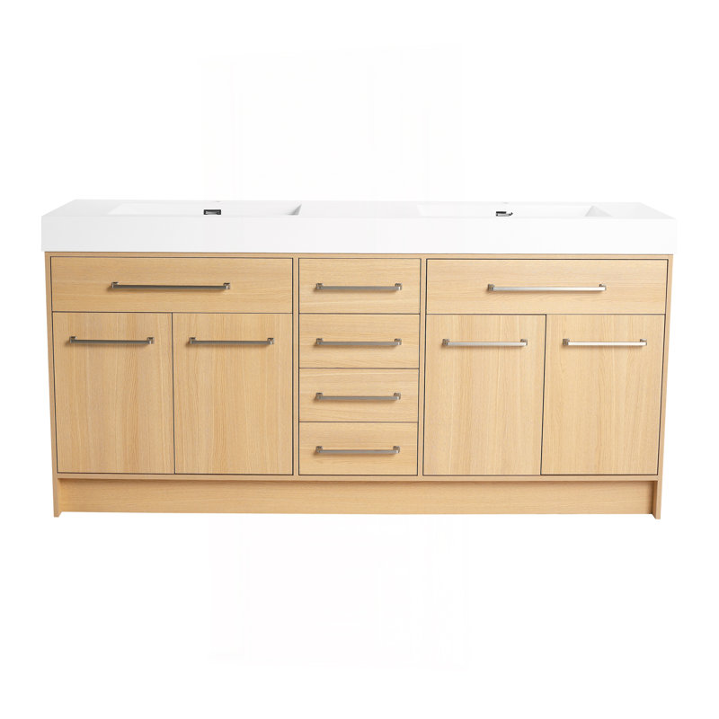 Meuble-lavabo autoportant de 72 po avec double lavabo en résine, 4 portes à fermeture douce et 6 tiroirs à fermeture douce, chêne original, contreplaqué