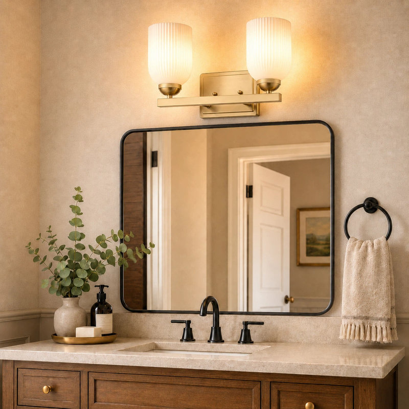 Applique murale de meuble-lavabo 2 lumières avec abat-jour en verre givré nervuré, or brossé, Or brossé, Deux lumières