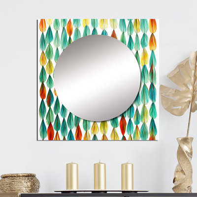 «Autumn Is Coming Retro Leaves» en bleu et rouge - art mural miroir géométrique carré moderne pour la salle de bain