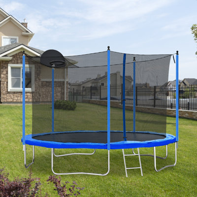12FT Trampoline For Adults & Kids With Basketball Hoop, Outdoor Trampolines W/Ladder And Safety Enclosure Net For Kids And Adults