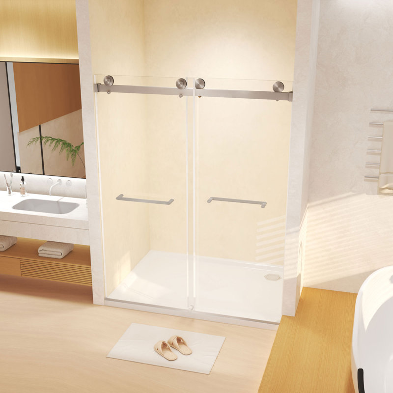 Esom 44-48 "W x 74" H Frameless Double Sliding Shower Door with 5/16" Tempered Glass & Explosion-Proof Film, Brushed Nickel