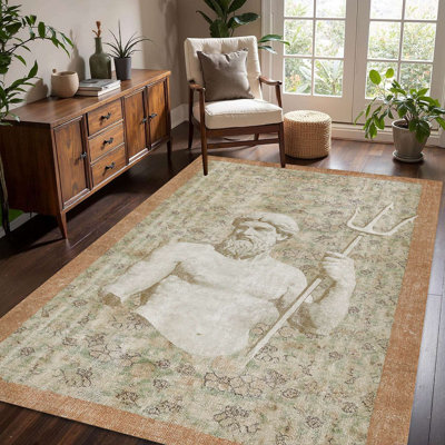 Poseidon Statue Vintage Print Area Rug