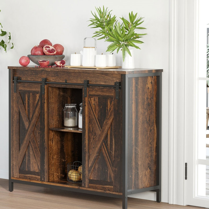 Buffet industriel rustique brun, armoire de rangement avec porte de grange coulissante avec tablettes réglables, armoire de cuisine polyvalente pour le salon et le bar