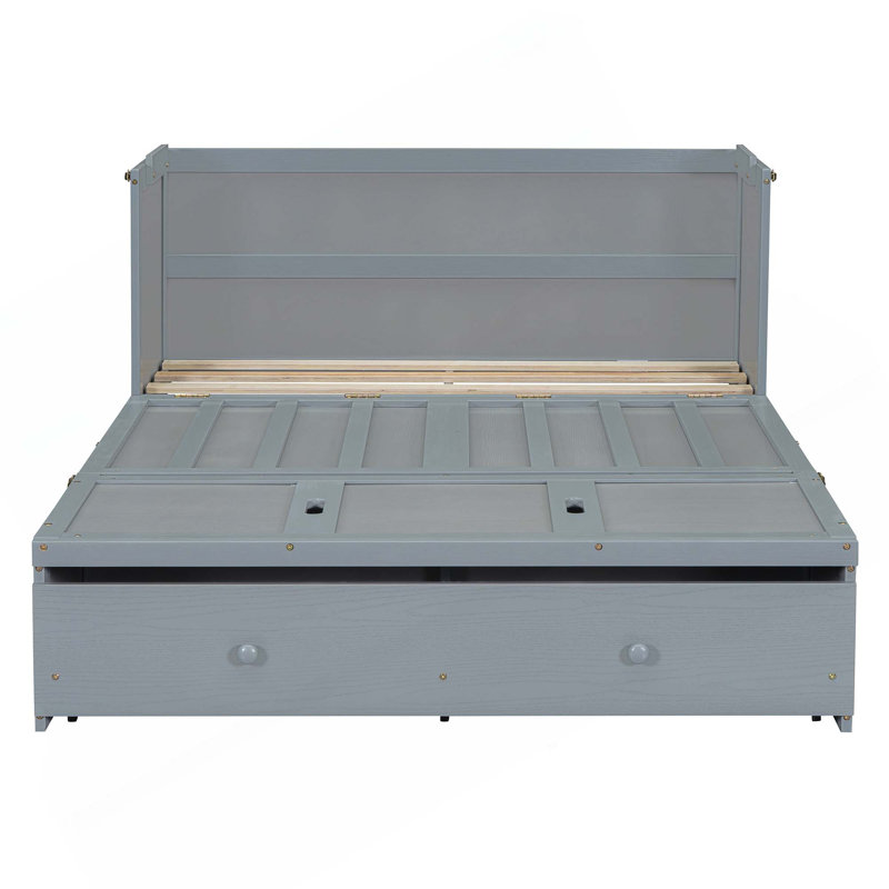 Lit escamotable avec port USB et grand tiroir, Gris, Double
