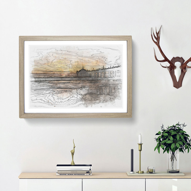 Sunset Behind the Pier Sketch - Picture Frame Graphic Art Print, Oak Framed, 40cm H x 60cm W x 2cm D