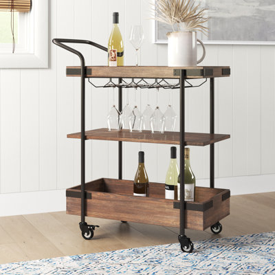 Nikole 32" Wide Industrial Rustic Solid Wood Metal Bar Cart With 2 Shelves