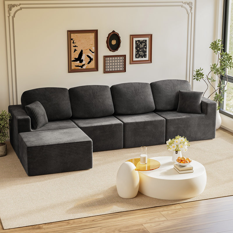 L-Shaped Modular Sectional Couch, Cloud U-Shaped Sectional Sofa with Wide Armrest, Black Corduroy