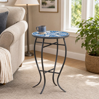 Round Mosaic Side Table, Curved Iron Leg Accent End Table for Indoor Outdoor Patio