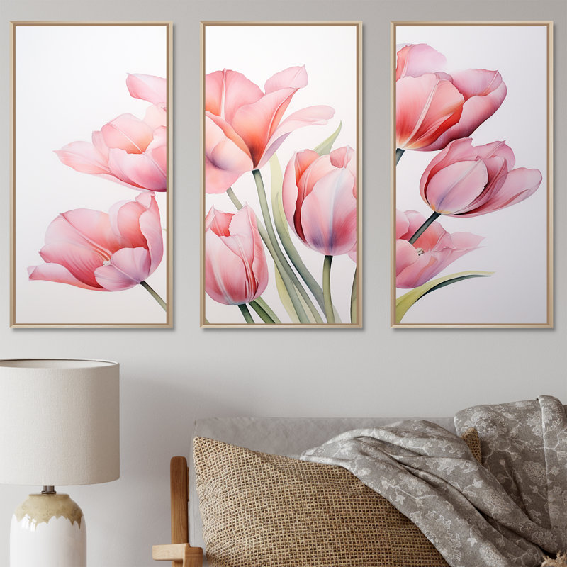 Tulipes, minimalisme, ensemble d'art sur toile, H 40 po x l 60 po x P 1 po, Cadre naturel flottant