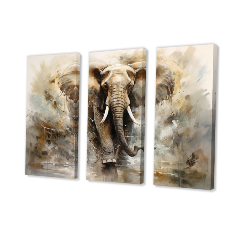Minimalisme éléphant grâce II - 3 pièces sur toile tendue, H 28 po x l 36 po x P 1 po