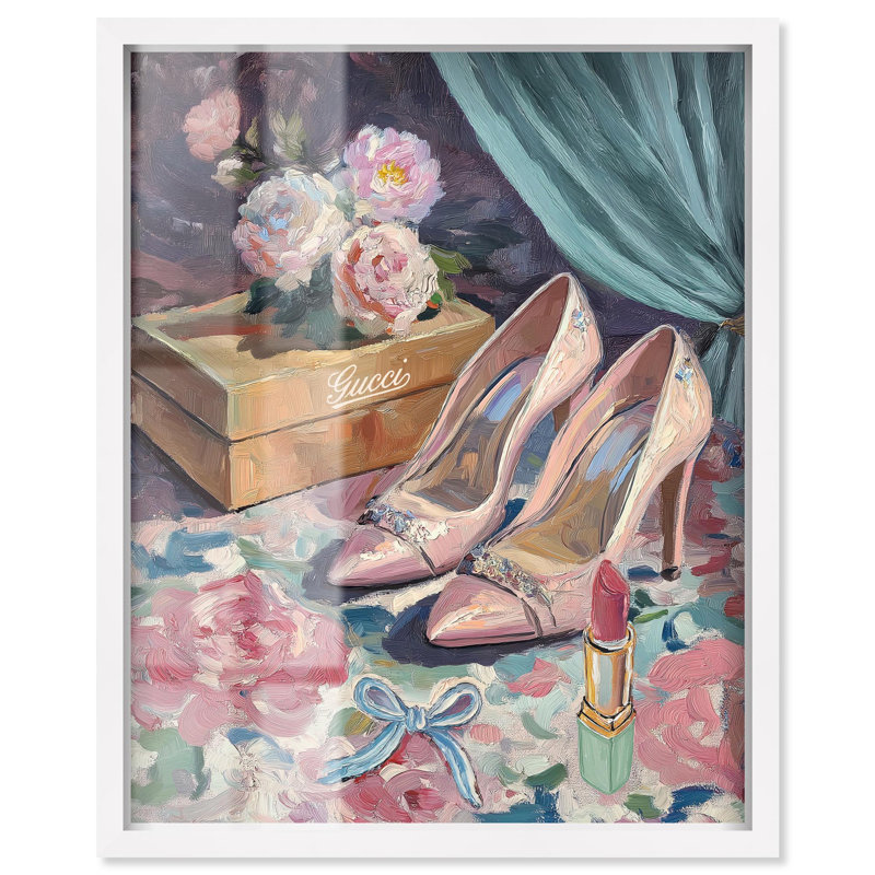 «Pink Heels Shadowbox Print» par Art Remedy, H 21 po x l 17 po, Blanc