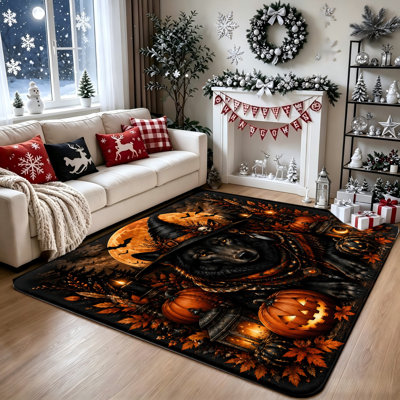 Tapis antidérapant d'Halloween, chapeau de sorcière loup avec citrouilles et motif de pleine lune, décor d'automne effrayant pour le salon, la chambre à coucher, l'entrée intérieure, le bureau personnel et les espaces repas