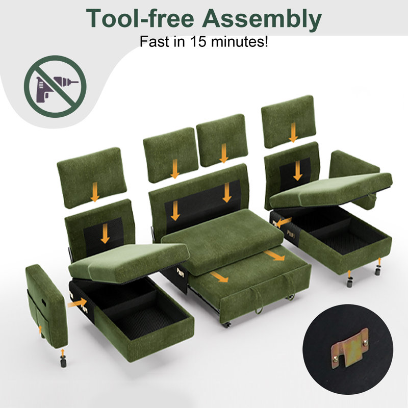 Canapé-lit en forme de U, canapé-lit convertible 4 places avec inclinaison à 4 niveaux, ports USB / Type-C, méridienne réversible et poches latérales, assemblage sans outil pour les salons