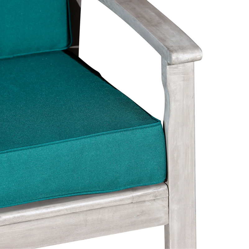 Causeuse en eucalyptus avec coussins, finition gris argenté, coussins vert foncé