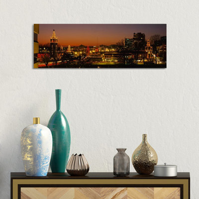 Buildings Lit Up At Night, La Giralda, Kansas City, Missouri, USA - Wrapped Canvas Panoramic Print