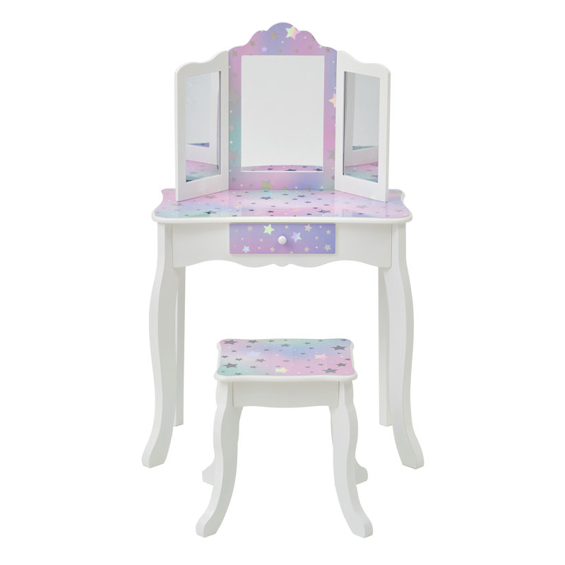 Teamson Kids  Starry 2-pc Sky Print Wooden Vanity Set with Matching Stool for Accessories