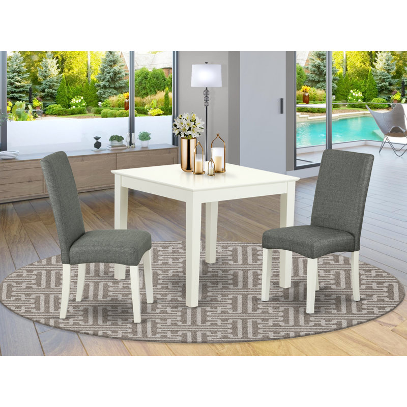 Ensemble de coin repas 3 pièces pour petits espaces comprenant une table de salle à manger carrée et 2 chaises de salle à manger Parson en tissu gris, lin blanc