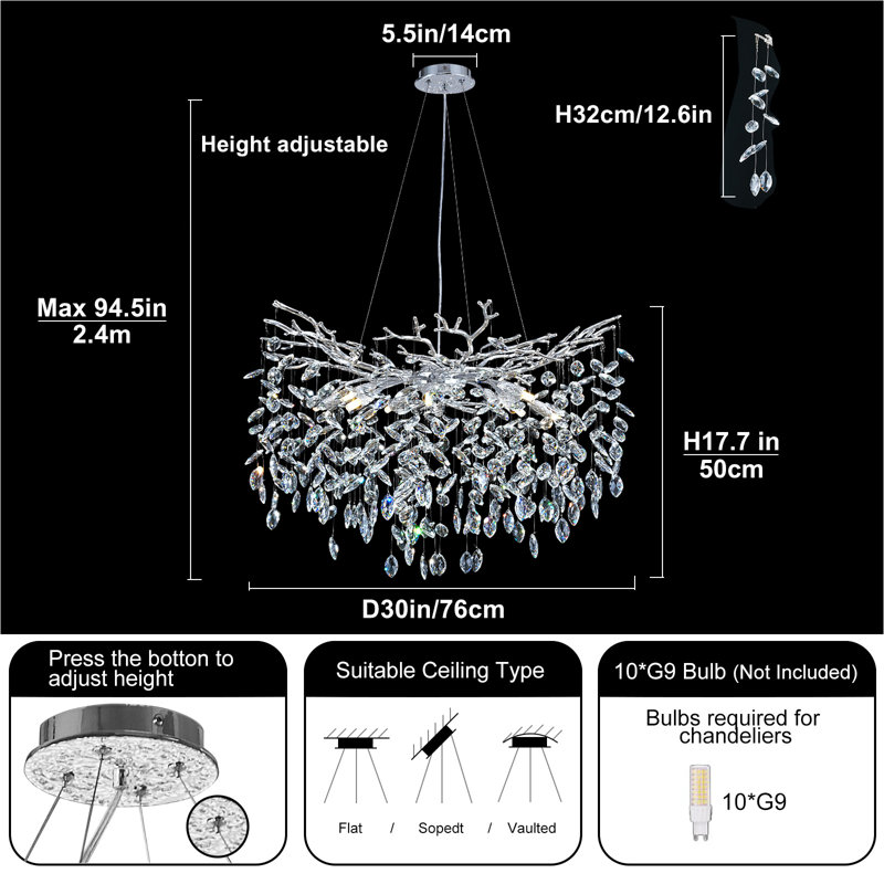 10-Light 30" Dimmable Tree Branches Crystal Linear Chandelier, Silver