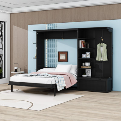 Queen Murphy Bed with Built-In Shelves and Cabinets, LED Lights