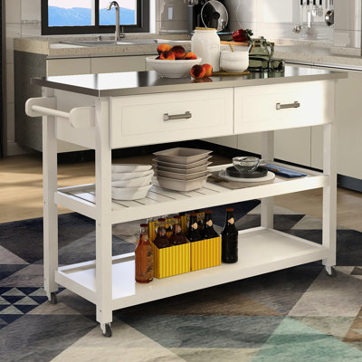 White Kitchen Cart With Two Drawers And Stainless Steel Table - Space Saving Tabletop Simple