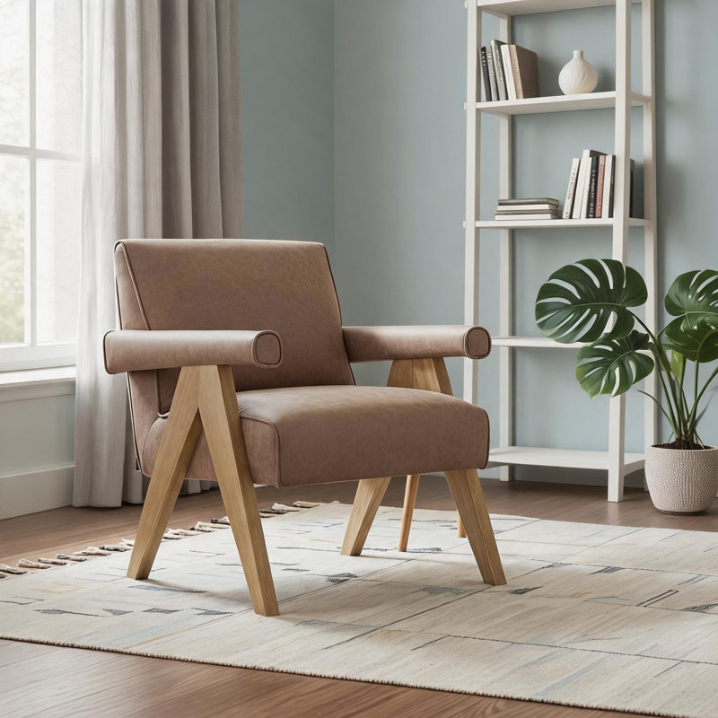 Petit fauteuil de salon et de chambre à coucher avec accoudoirs de luxe compact et moderne en similicuir brun chaud