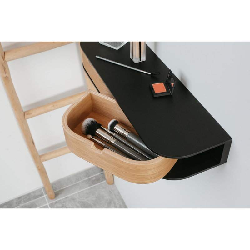 Entryway retro floating console, Modern floating wooden bedside table shelf drawer, Mounted wall nightstand