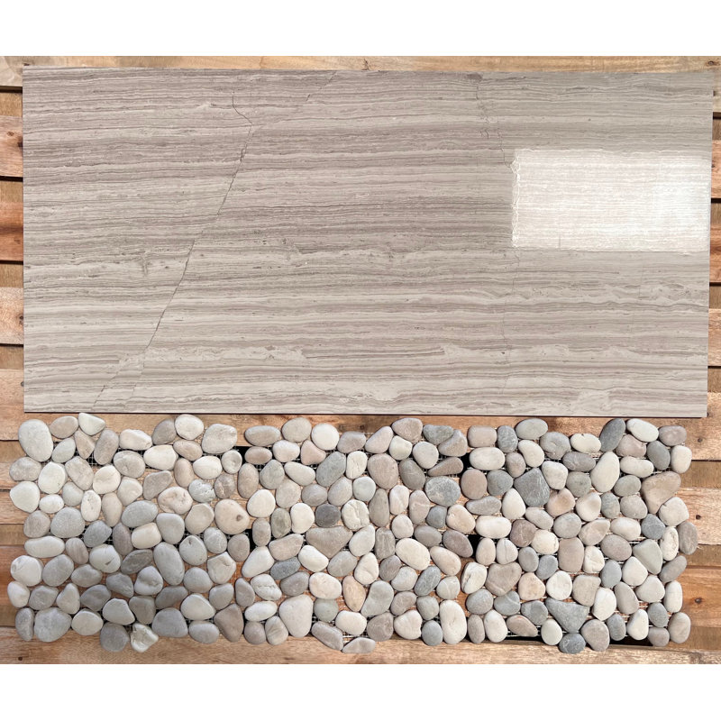 Mosaïque de galets nivelée naturelle brun clair, blanc et gris 12 po x 12 po