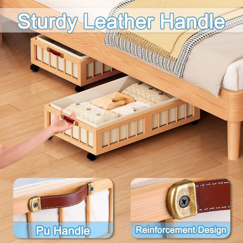 Ensemble de 2 contenants de rangement en bambou sous le lit avec roues, nature
