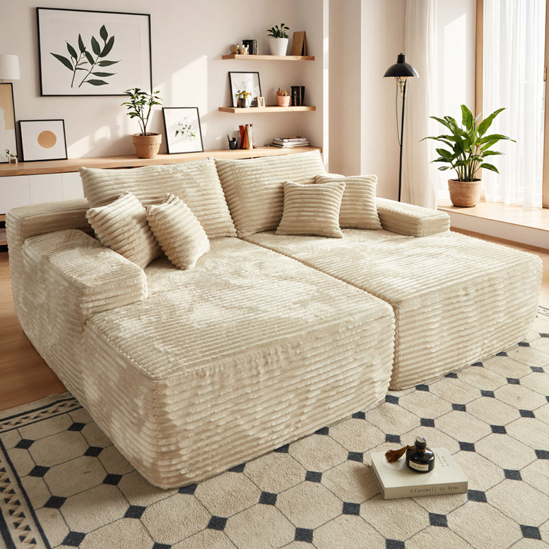 Cloudelle Compression Packed 2 - Piece No Assembly Required Boneless Corduroy Lounge Sectional, Beige Corduroy