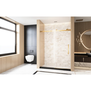 Porte de douche coulissante simple American Design de l 56 à 60 po x H 76 po, verre trempé transparent de 6 mm, film de preuve, rail carré en acier inoxydable, poignée en or brossé, roues de 4,8 cm, bande inférieure