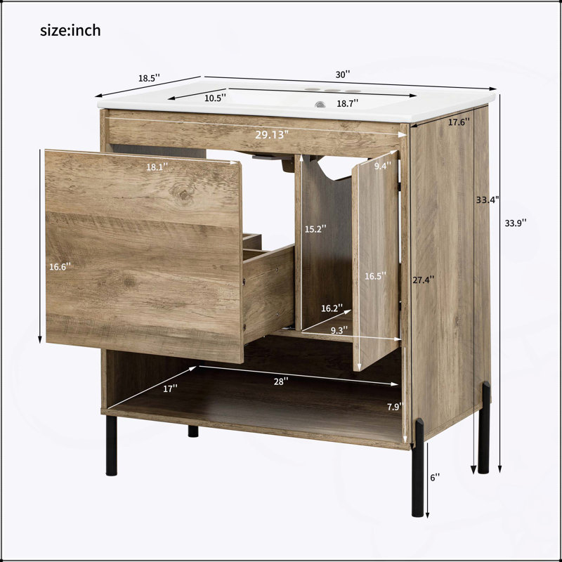 Meuble-lavabo moderne en bois de 30 po avec tiroir coulissant, lavabo en céramique et tablette ouverte pour un rangement efficace