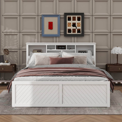 King-Size Wooden Bed Featuring A Multi-Storage Headboard With USB Ports And Built-In Drawers