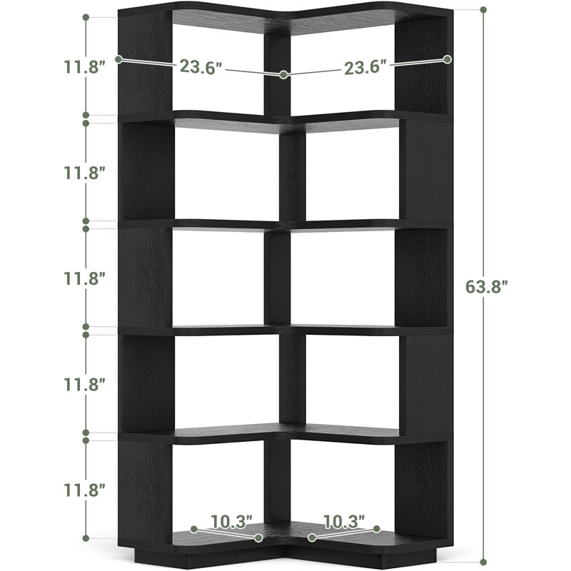 5 Tier Corner Bookshelf Etagere Bookcase With Baffle, Freestanding L Shaped Display Shelf Stand For Home Office, Black