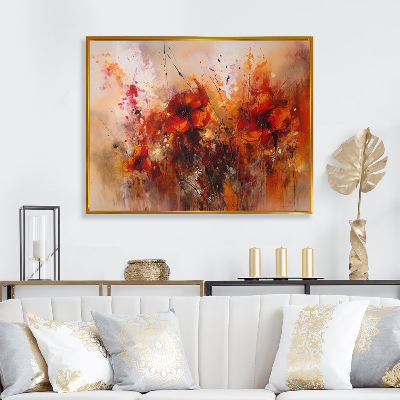 Rouge rouge, coquelicot, floral, Euphoria, H 12 po x l 20 po, Cadre flottant doré